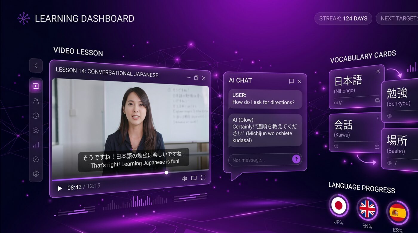 A futuristic AI language-learning dashboard with video subtitles, AI chat, and vocabulary panels