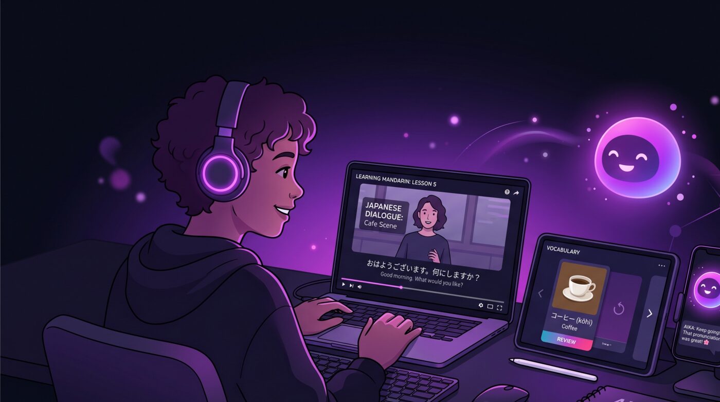 Learning a language across laptop, tablet, and phone with AI tools while watching video