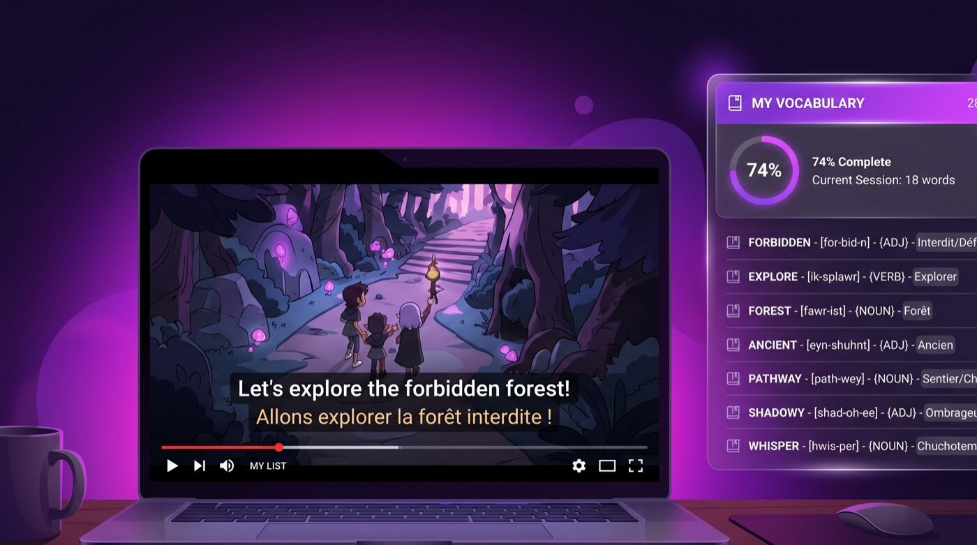 Laptop showing dual subtitles next to a vocabulary builder sidebar