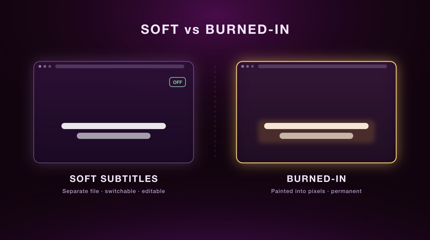 Side-by-side comparison of soft subtitles, which can be switched off, and burned-in subtitles painted into the pixels