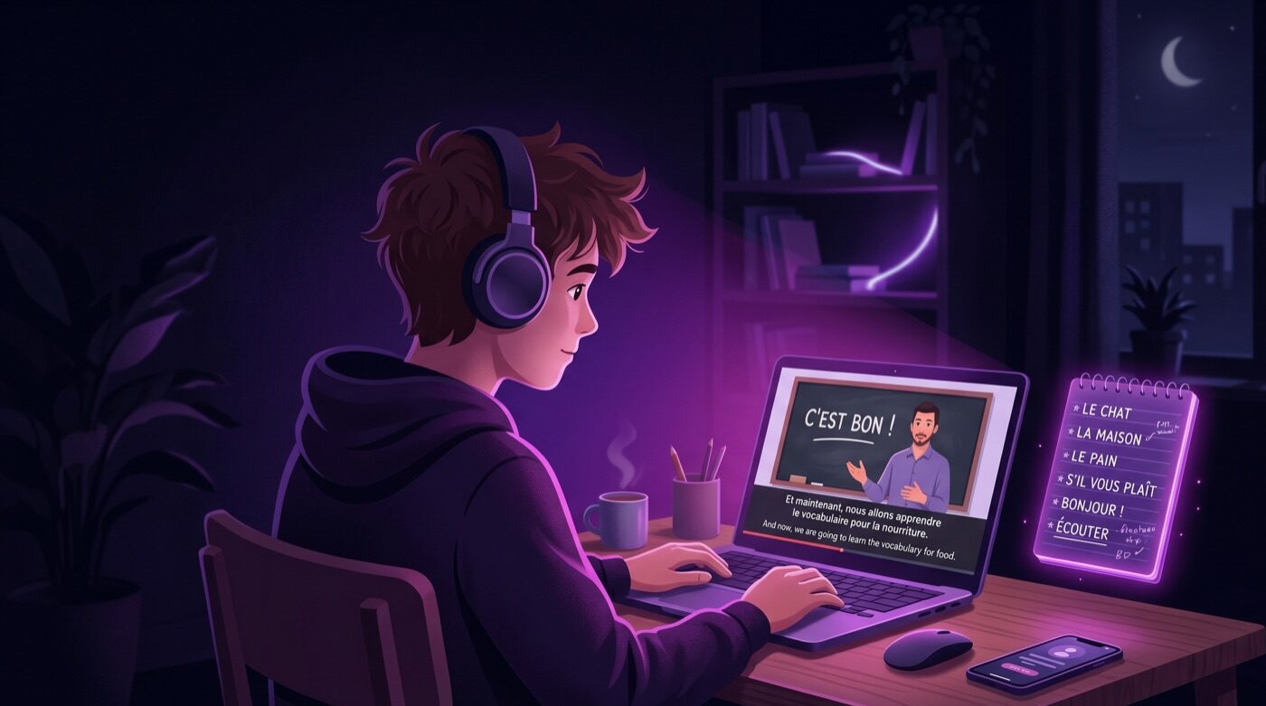 A learner with headphones watching French video with subtitles and a notebook of French words