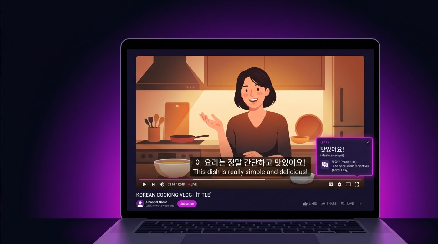 A YouTube video with Korean Hangul and English dual subtitles for learning Korean