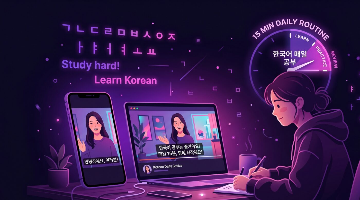 Studying Korean on a phone and laptop with Hangul subtitles and a daily routine