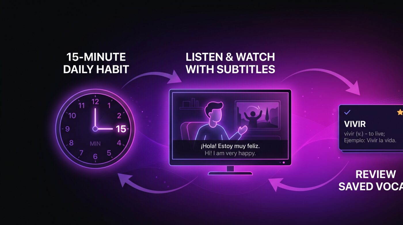 A 15-minute daily language-learning habit loop with a clock, screen, and vocabulary card