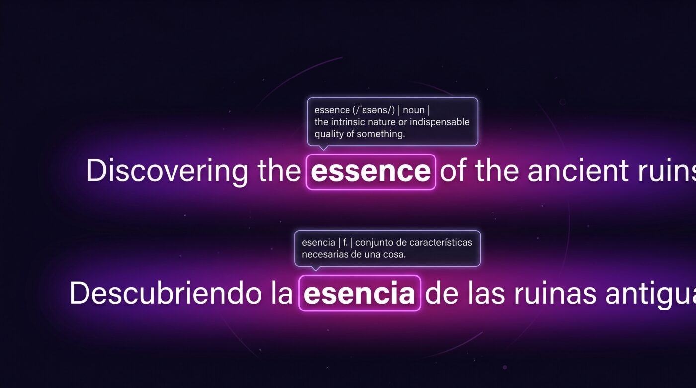 Close-up of bilingual captions with a highlighted word and a definition popup